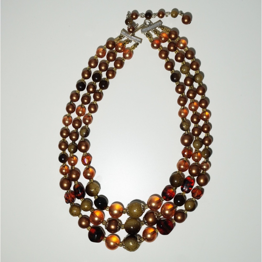 Vintage Japanese Signed 3 Strand Bib Bead Necklace Glass Faux Pearl Silver Toned - Picture 2 of 4